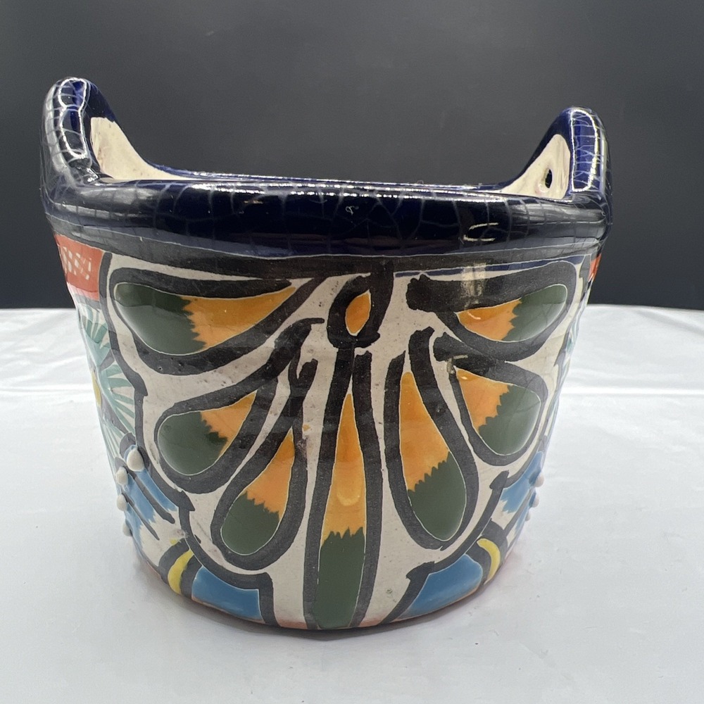 Vintage Talavera Mexico Pottery 3" Flower Pot Planter Signed Tal Melchor